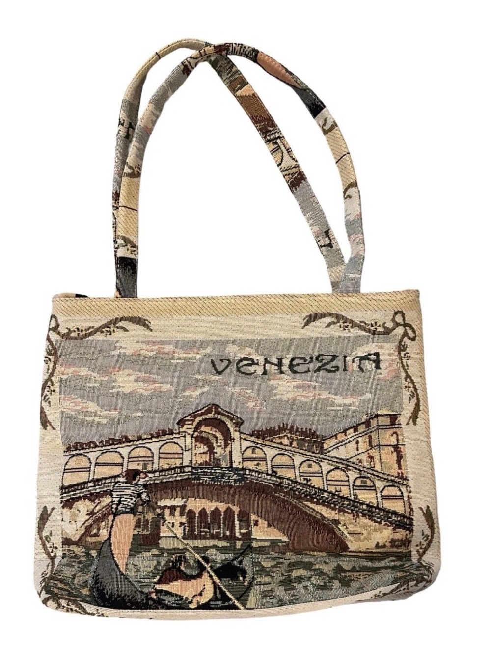 Venezia Tapestry Stitched Tote Shoulder Bag Zip Closure Fabric Lined